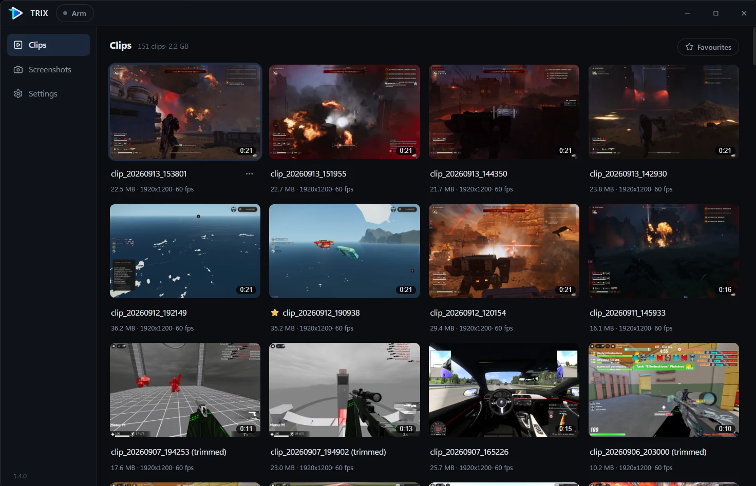 The Trix app's Clips page: a grid of recorded game clips with their length, size and frame rate.